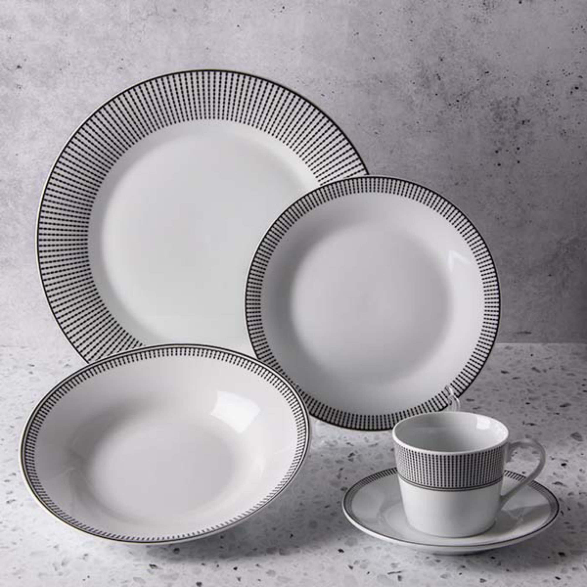 Haus Vajilla Redonda Puntos Blanco con Borde Negro de Porcelana 20 Piezas para Puestos