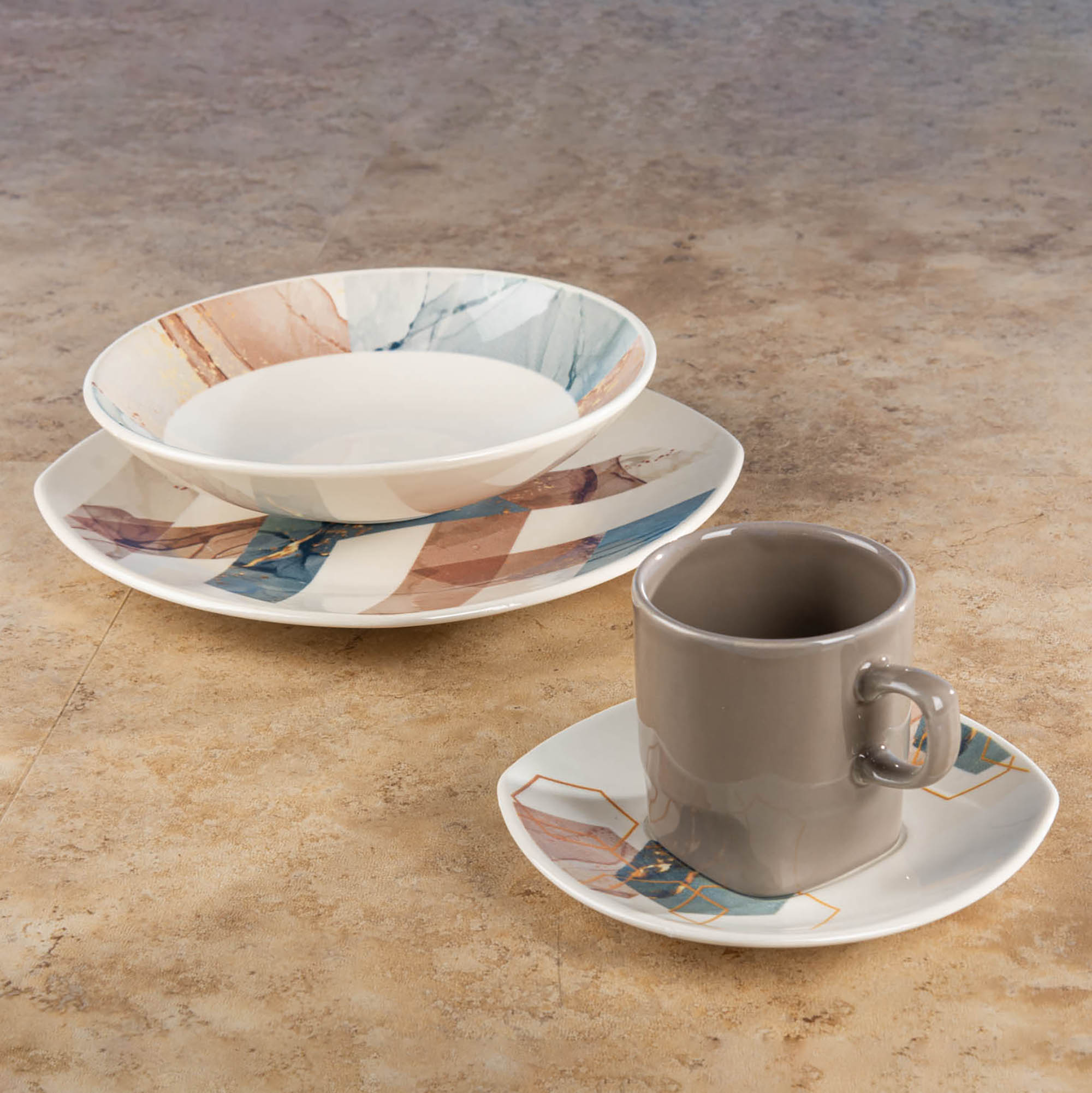 Cerámica Vajilla Marron Vajilla Cuadrada Lois Beige Taupe De